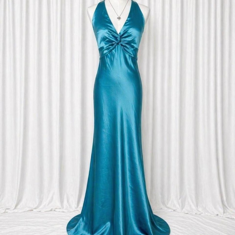 Y2K vintage Cache aqua satin open back halter maxi gown prom mermaid dress